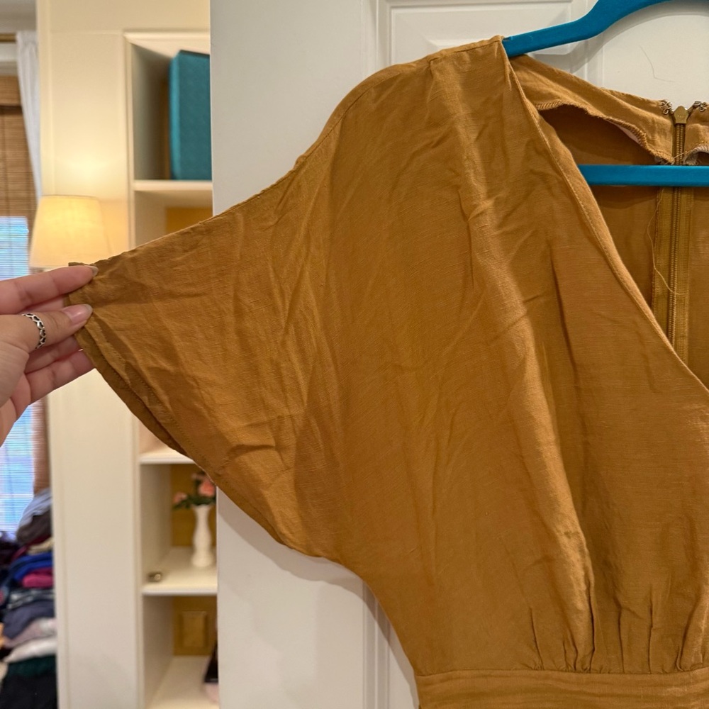 Madewell Linen-Blend Dolman Sleeve Tie-Waist Midi Dress Toffee/Mustard size 6 - Picture 4 of 11